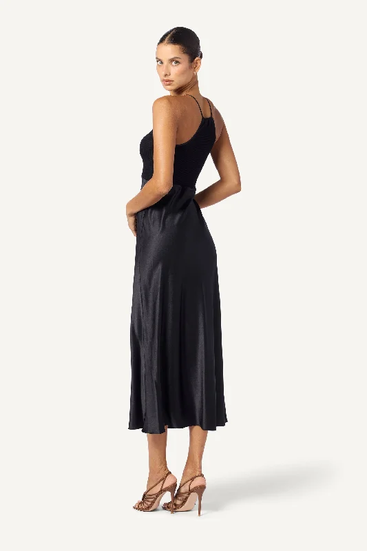 CLARA MIXED MEDIA MIDI SILK DRESS | BLACK