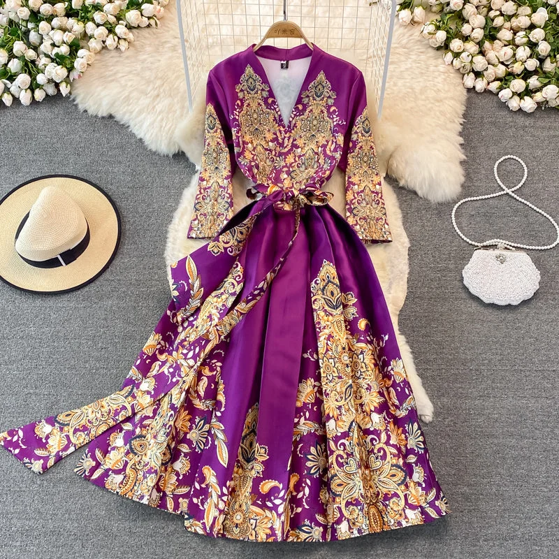 Court Vintage printed long sleeved dress with large swing  3382