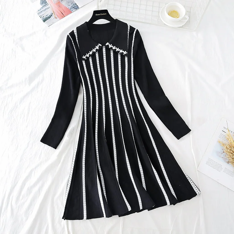 French Long Sleeve Striped fashion age reducing thin bottomed knitted skirt  3916