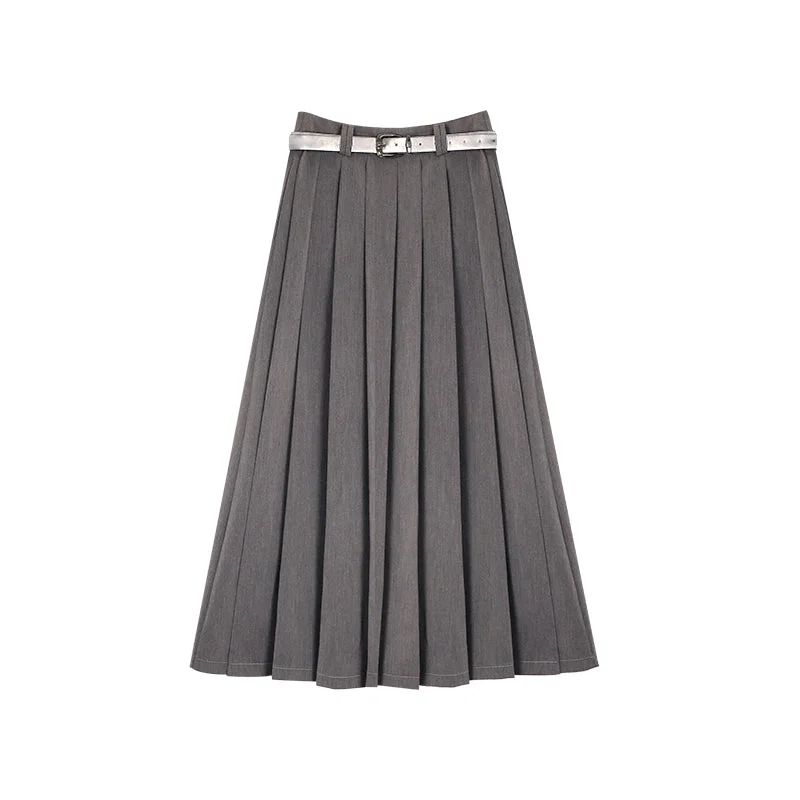 Halley Solid Color Waist Belt High Waist Pleated A-Line Long Skirt