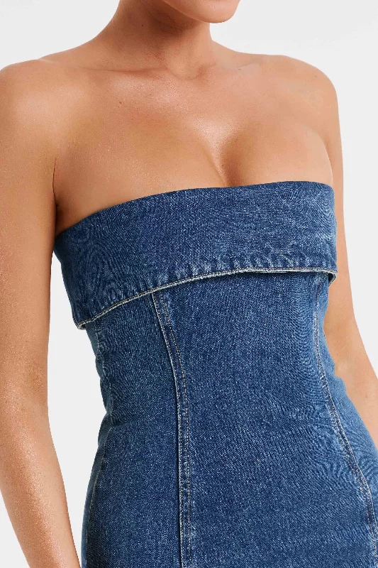 Katherine Strapless Denim Midi Dress - Dark Blue