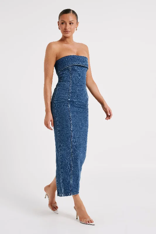 Katherine Strapless Denim Midi Dress - Dark Blue