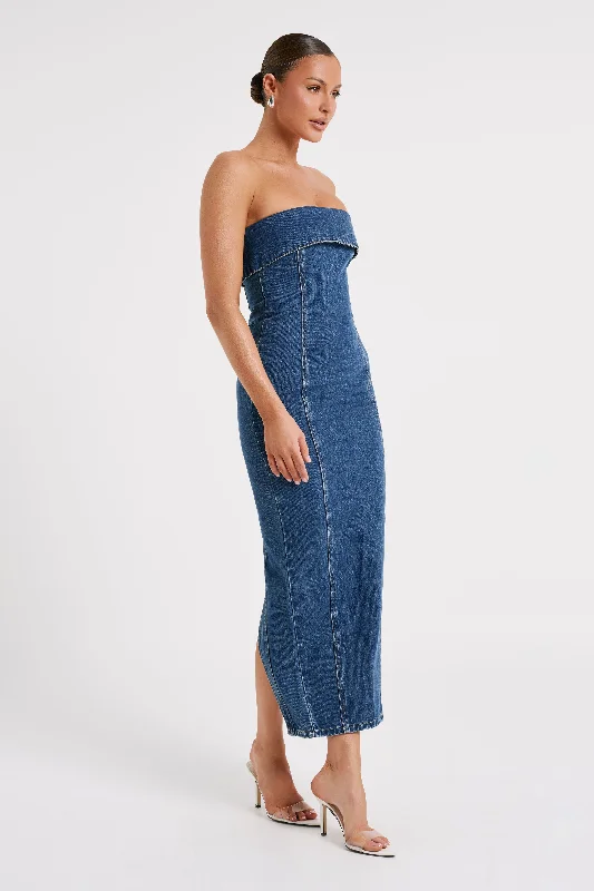 Katherine Strapless Denim Midi Dress - Dark Blue