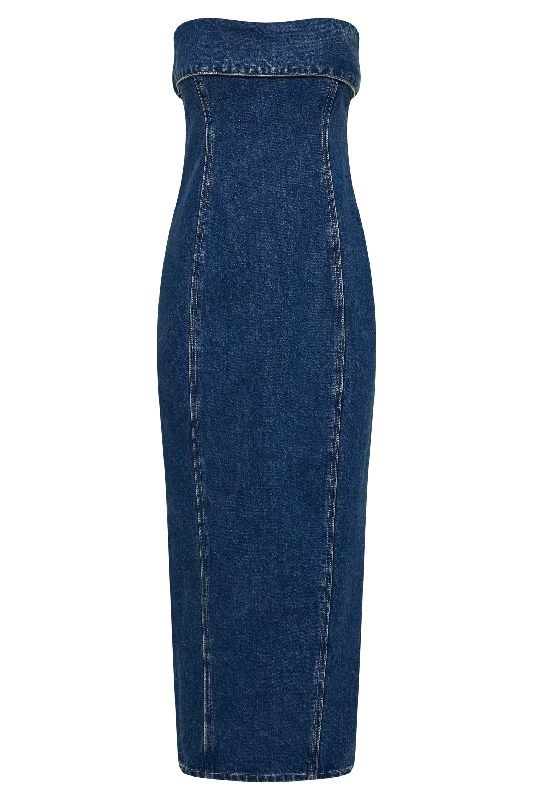 Katherine Strapless Denim Midi Dress - Dark Blue