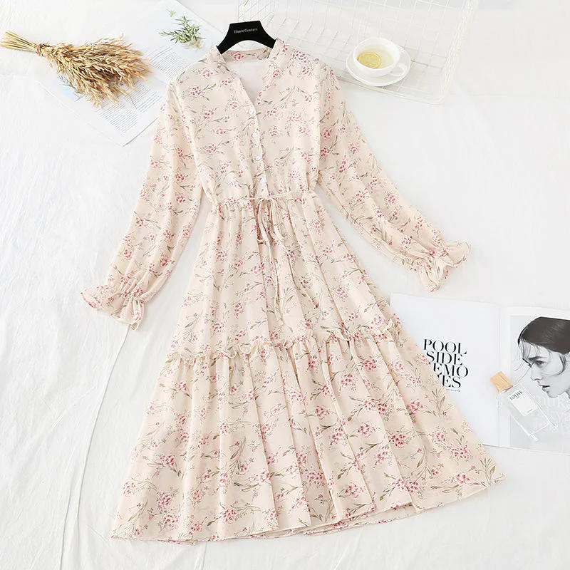 Long sleeved floral dress French Retro  4701