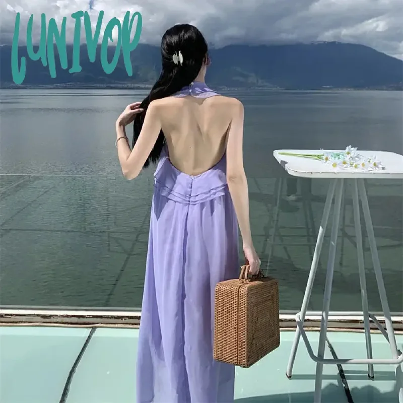 Lunivop Holiday Style Sling Backless Party Dress for Women Chiffon Lavender Vacation Summer Fairy Sundress Pink Long Purple Clothes New