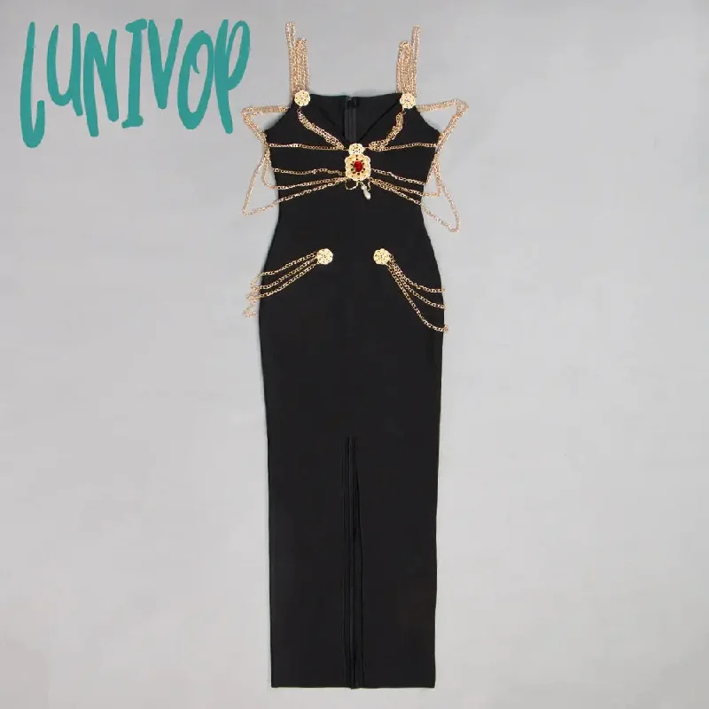 Lunivop Summer New Women Black Chain Spaghetti Strap V-Neck Split Bandage Dress Bodycon Celebrity Club Party Long Dresses Vestidos