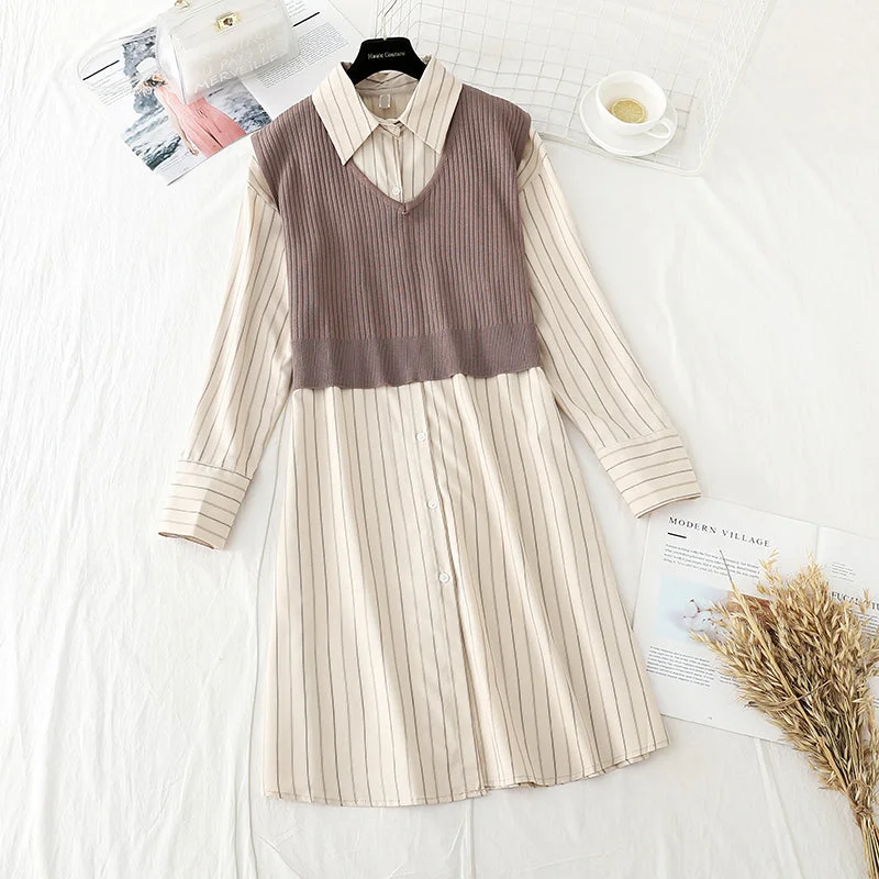 New skirt striped shirt + knitted vest set loose College English two piece set  4543