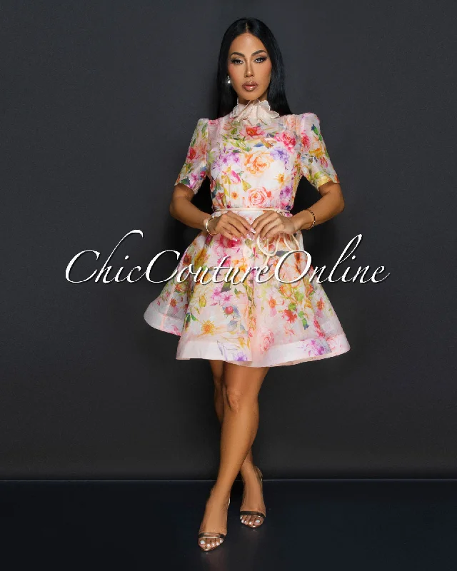 Prina Blush Multi Floral Print Belted Dress