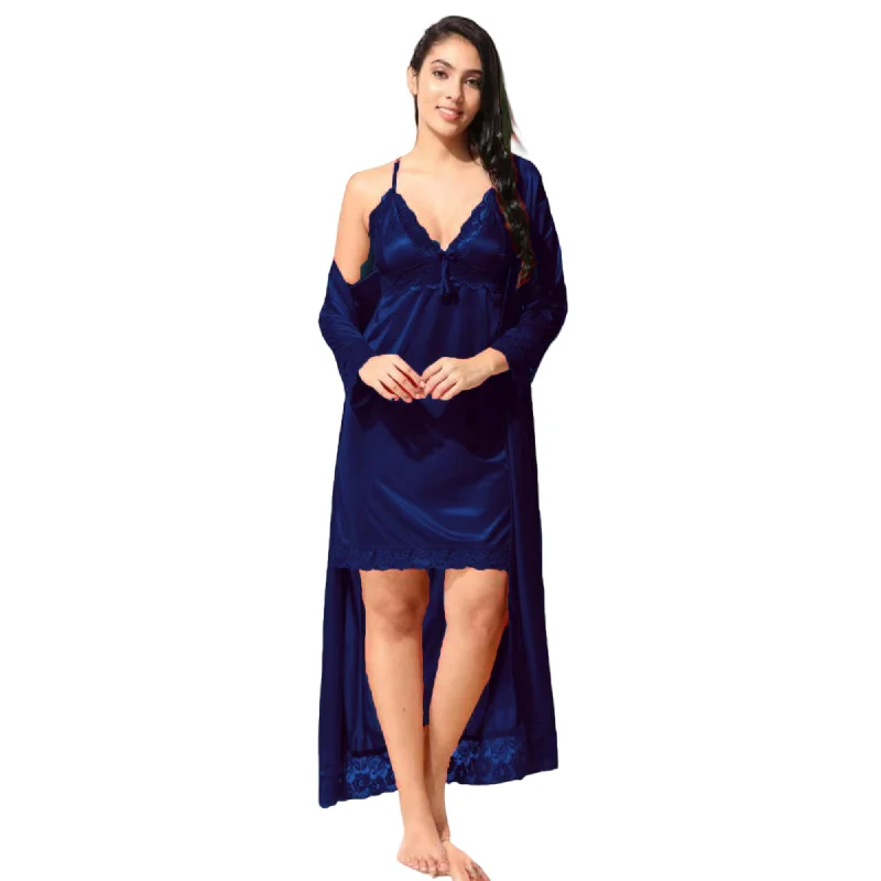 Siami Apparels Satin 2 PC Nighty/Night Wear Set with Robe | V- Neck | Solid/Plain | Attractive & Stylish | for Women, Girlfriend, Wife (Free Size, Navy)