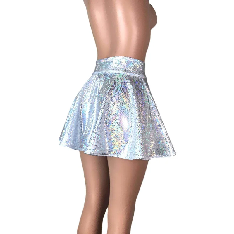 Skater Skirt - Silver on White Shattered Glass Holographic