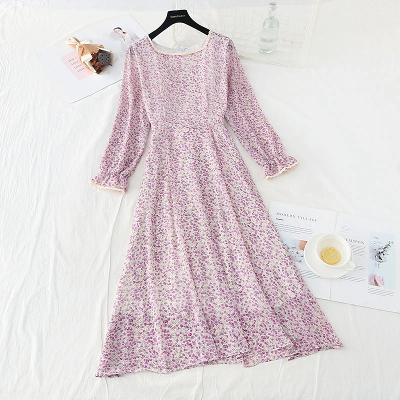 Small fresh long sleeve square neck thin Floral Chiffon Dress  2419