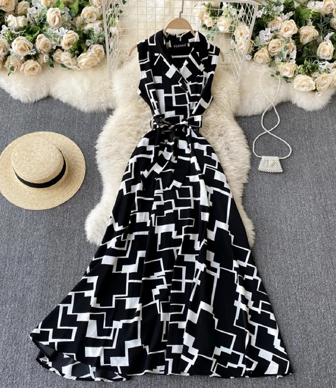 Stylish A line black geometric dress  792