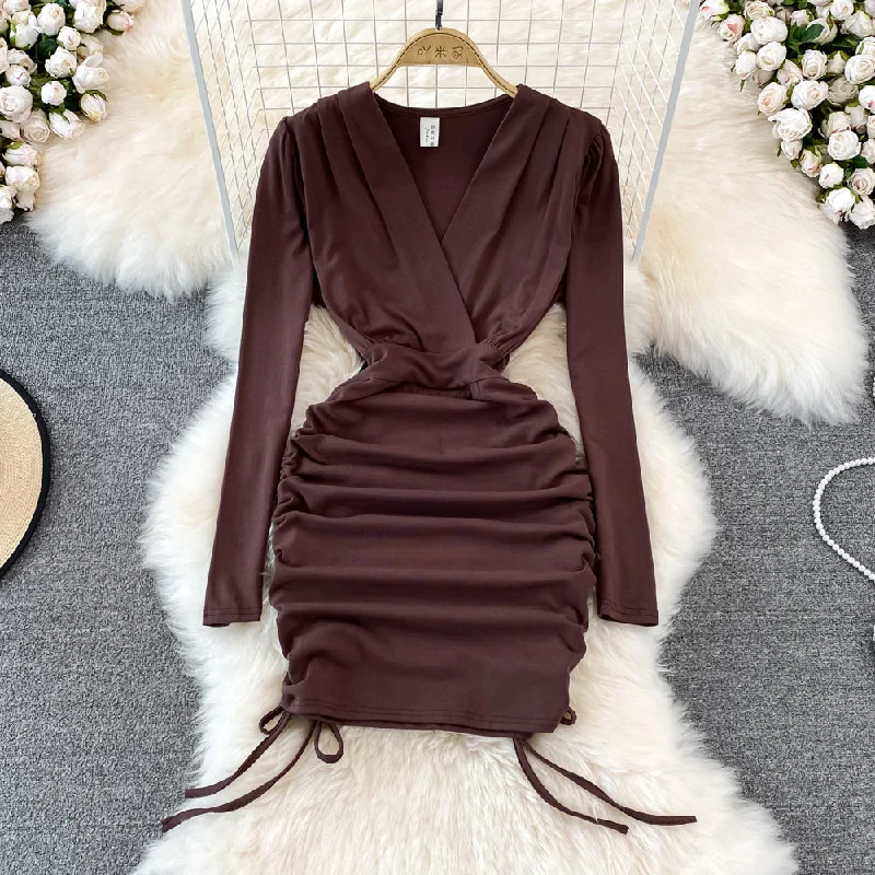 V-neck drawcord pleated sexy slim short Hip Wrap Dress  11118