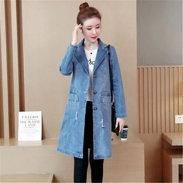 2020 New Fashion Long Denim Trench Coats Spring Autumn Women's Clothing Casual Plus Size BF Cardigan Windbreaker Overcoat B39