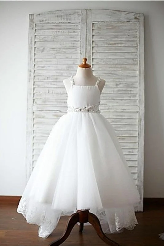 A-line/Princess Spaghetti Straps Sleeveless Beading Organza Flower Girl Dress With Lace OK721