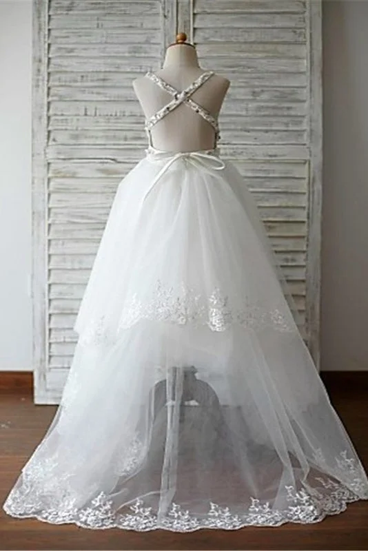 A-line/Princess Spaghetti Straps Sleeveless Beading Organza Flower Girl Dress With Lace OK721