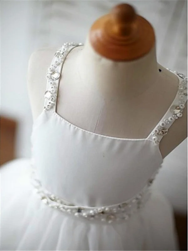 A-line/Princess Spaghetti Straps Sleeveless Beading Organza Flower Girl Dress With Lace OK721