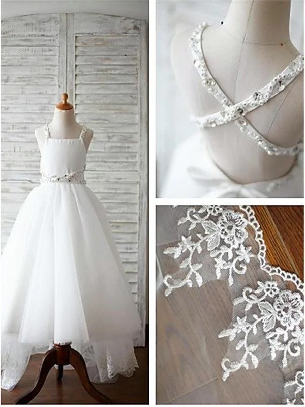 A-line/Princess Spaghetti Straps Sleeveless Beading Organza Flower Girl Dress With Lace OK721