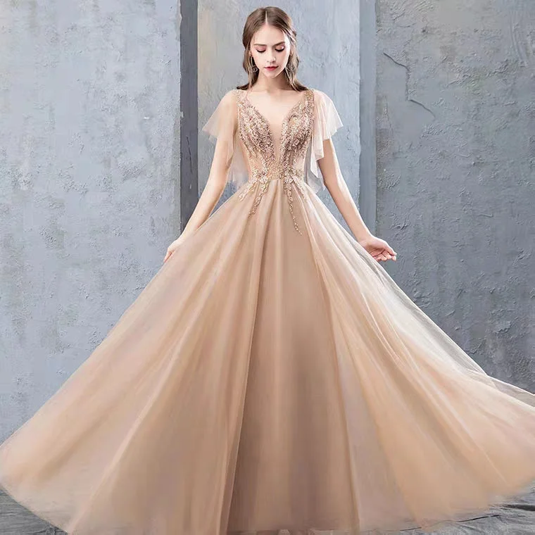 A-line Short Sleeves Tulle Beading Long Prom Dress Evening Dress OKT21