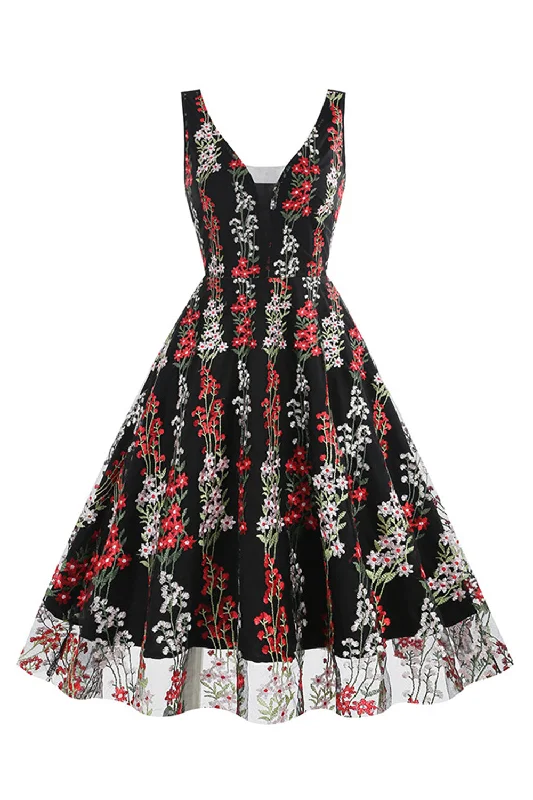 Black Swing 1950s Dress with Embroidery