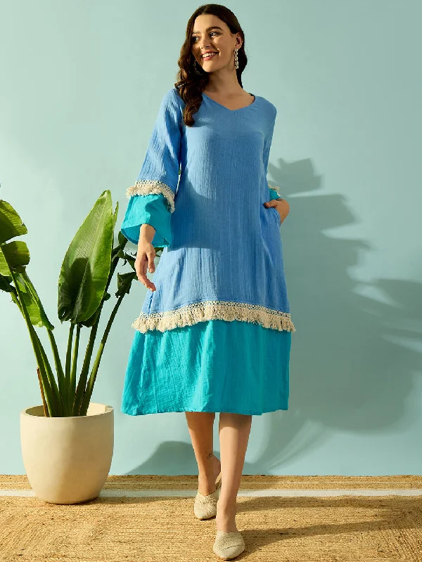 Women's Blue Knit Cotton Solid Resort Wear - The Kaftan Company