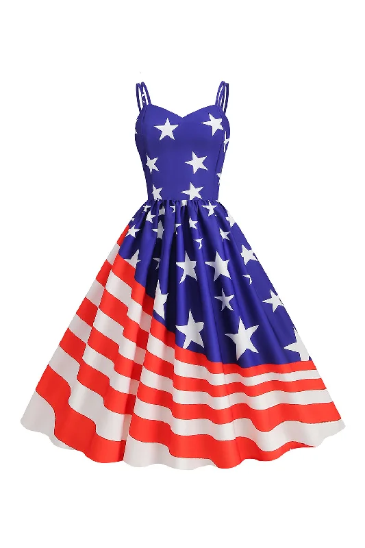 Blue Stars Stripes Printed Spaghetti Straps 1950s Dress