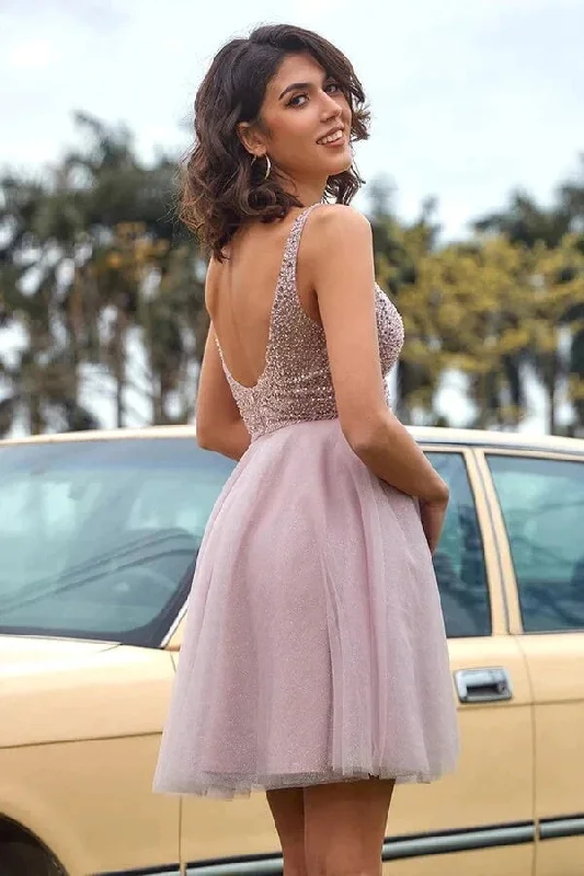 Blush Pink Sequins A-line Knee Length Homecoming Dress, Short Prom Dresses OK1775