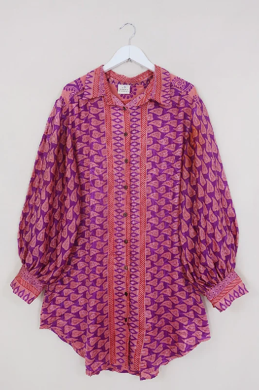 Bonnie Shirt Dress - Glittered Pink Paisley Hearts - Vintage Indian Sari - Size XXL