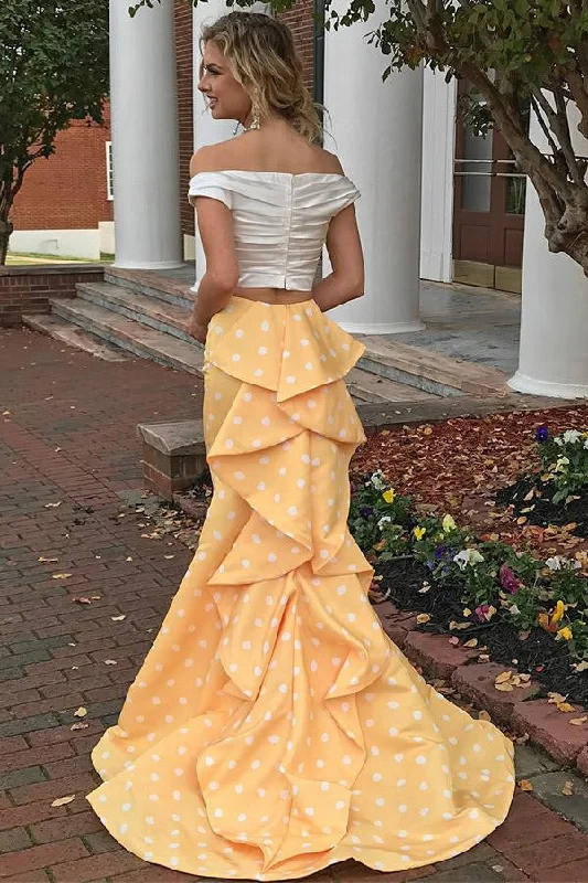 Charming 2 Pieces Off The Shoulder Yellow Long  Mermaid Prom Dress OKH2