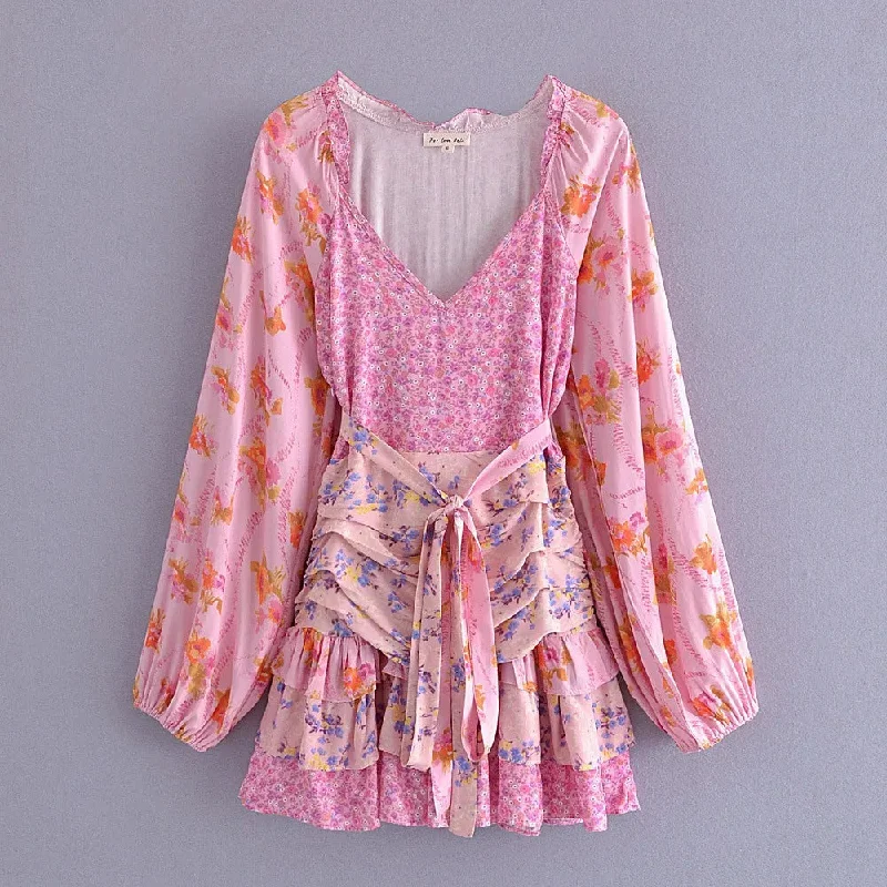 Layered Patchwork Belted Mini Sun V Neck Long Sleeve Boho Dress