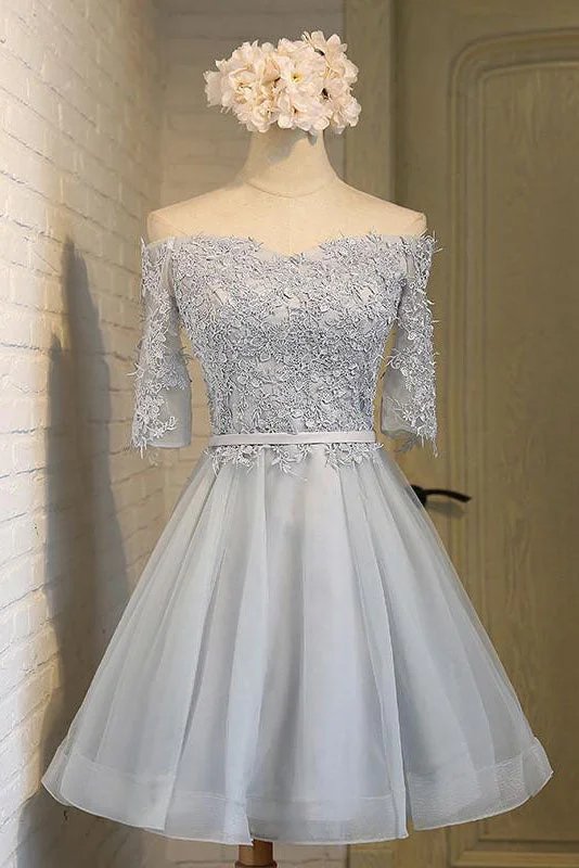 Cute Off shoulder Half Sleeves Lace Appliqued Short Homecoming Dress OK368