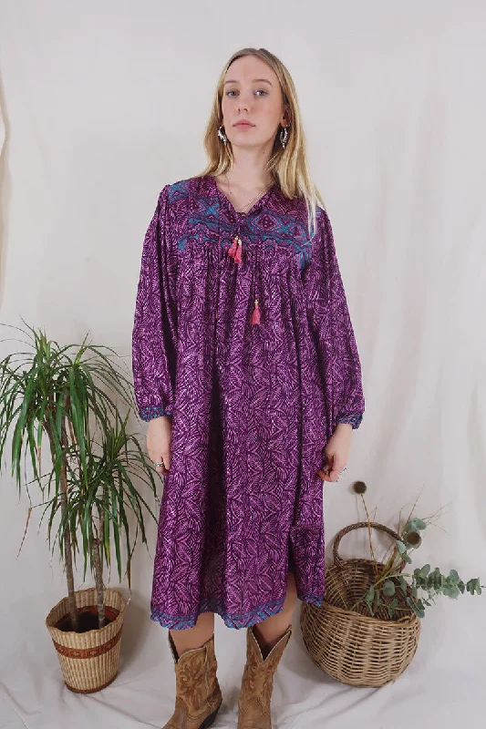 Daphne Dress - Amethyst Shimmering Ferns - Vintage Sari - Size S/M