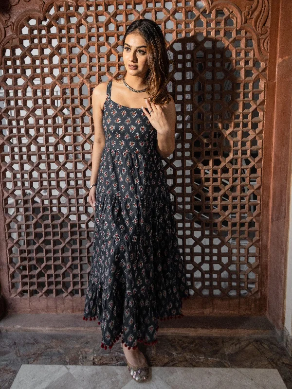 Navy Blue Buti Printed Shoulder Strip Long dress