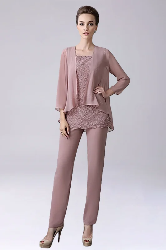 Dusty Rose 3 Pieces Chiffon Mother of Bride Pant Suits