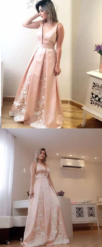 Elegant A Line Deep V Neck Long Satin Formal Evening Prom Dresses With Lace OKG2