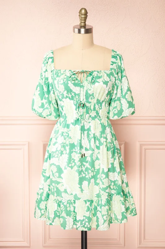 Esadora | Short Green Floral Dress w/ Bows