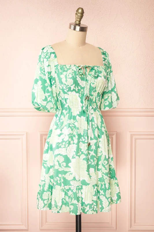 Esadora | Short Green Floral Dress w/ Bows