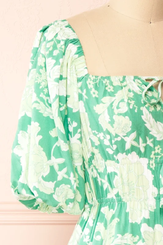 Esadora | Short Green Floral Dress w/ Bows