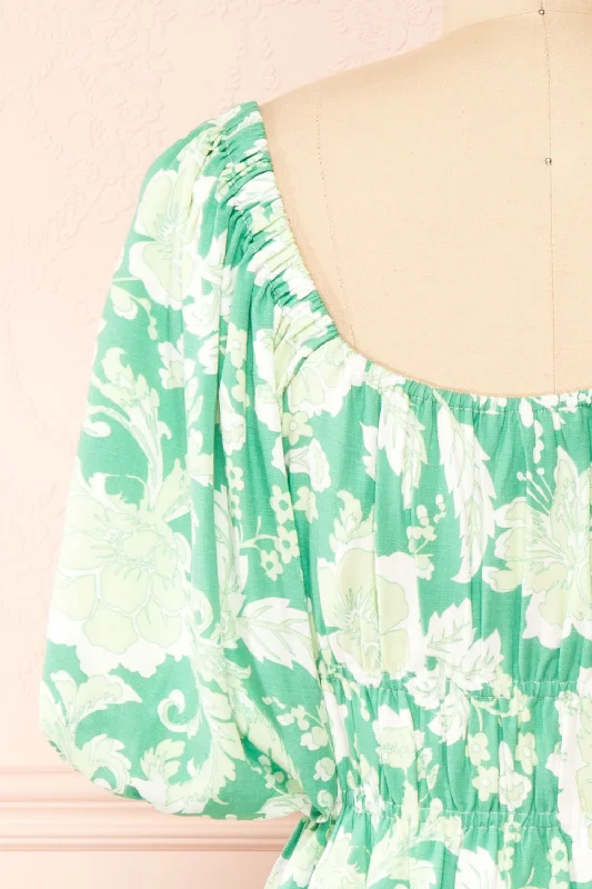 Esadora | Short Green Floral Dress w/ Bows