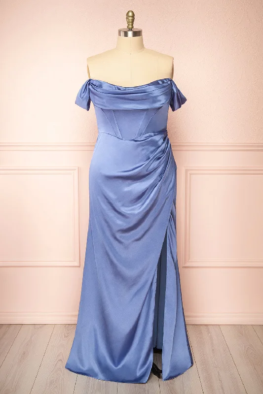 Evolet Blue Grey | Off-Shoulder Corset Maxi Dress