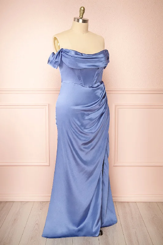 Evolet Blue Grey | Off-Shoulder Corset Maxi Dress