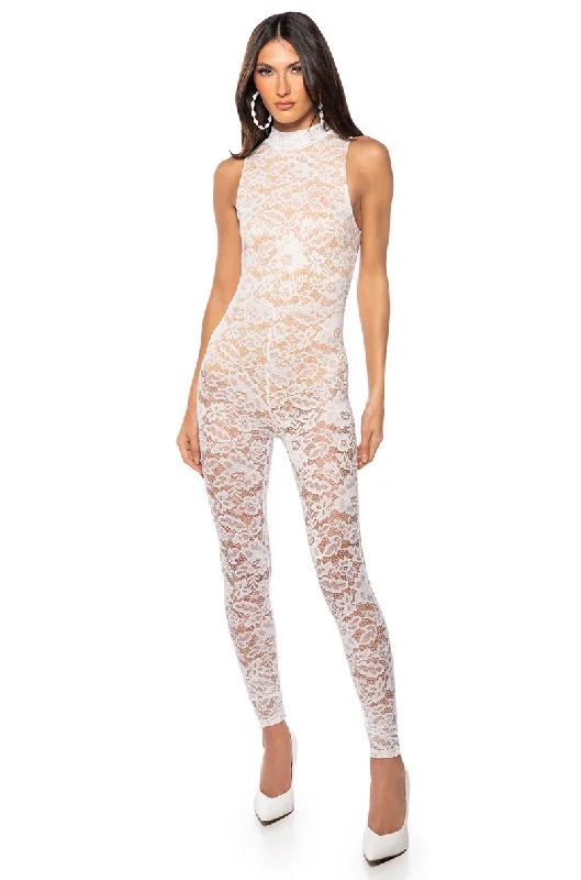 EXPRESS YOURSELF MOCK NECK LACE SLEEVELSS JUMPSUIT