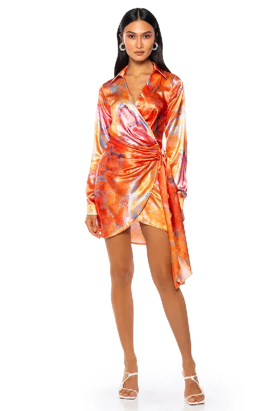 FALL FOR ME WRAP MINI DRESS IN ORANGE