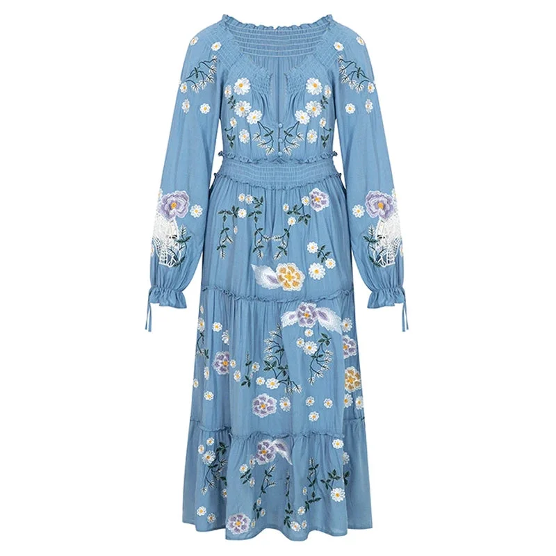 FashionSierra-Blue  Floral Embroidery  Casual  Deep V  Long Sleeve  Vintage  Loose  Ruffles Boho Dress