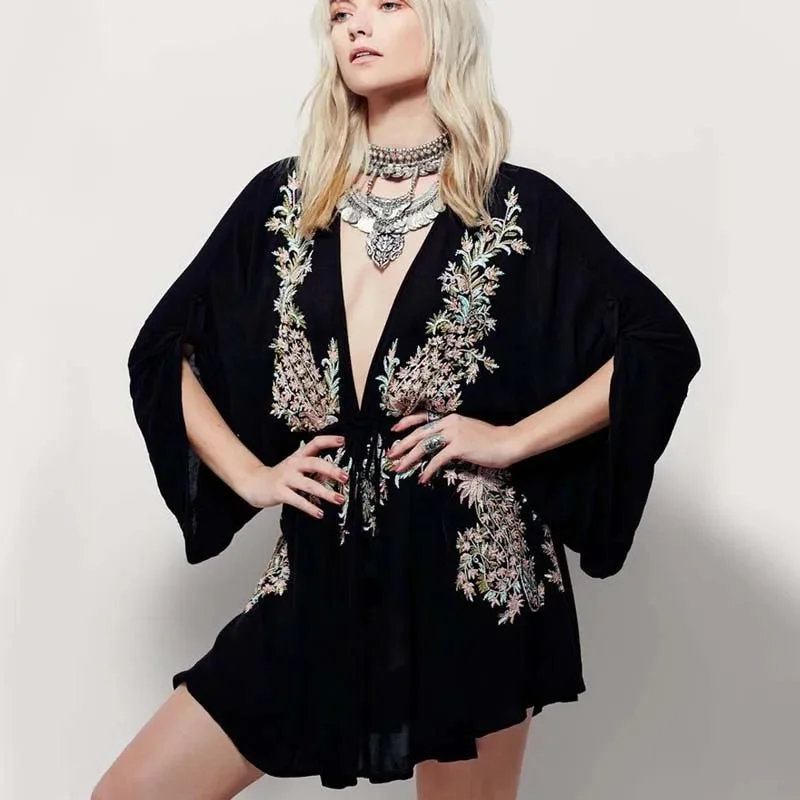 FashionSierra-New Floral Embroidery  2024 Summer  Vintage  Sexy  Beach  Deep V-neck  Long Sleeve  Party Boho Dress