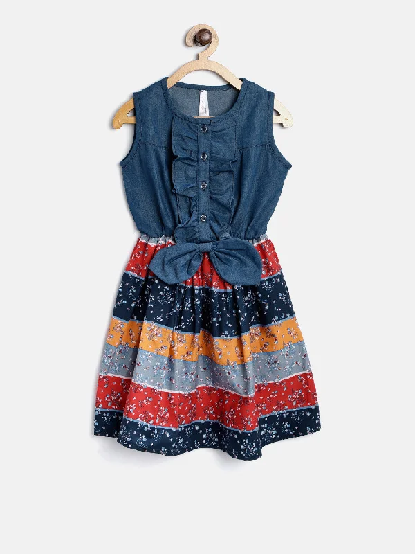 Gilr's  Denim And Multi Color Stripe Dress - StyleStone Kid