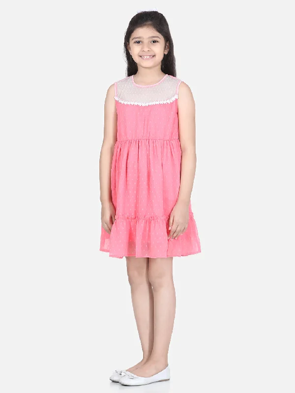 Girl's  Coral Pink Polyester Self Design Dress With Net And Lace Inserts - StyleStone Kid