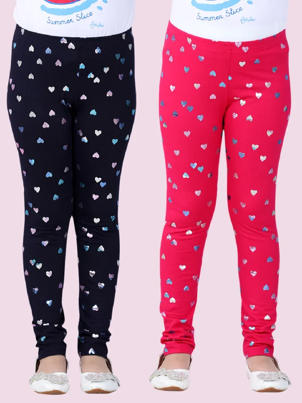 Girl's Pack Of 2 Heart Foil Print Leggings- Fuchsia & Navy - Stylestone Kid