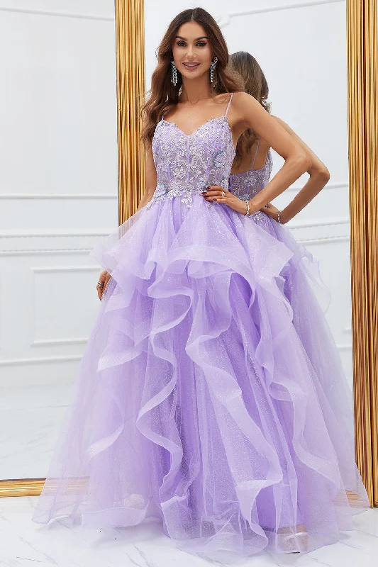 Glitter Purple Ruffled Corset Long Prom Dress with Lace